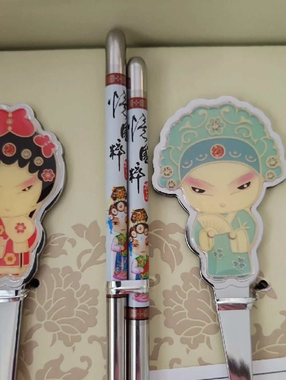Set of Decorative Chopsticks Spoon Fork Peking Opera Enameled Character Accents - Picture 5 of 12